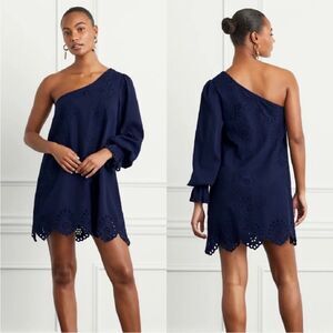 NWT Hill House Mila Dress One Shoulder Navy‎ Linen Blue Eyelet Sz S